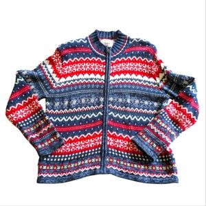 VTG Tiara Fair Isle Sweater Cardigan Petite M‎ Red Blue Knit Grandmacore Grandpa